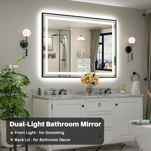 55x40 Inch LED Bathroom Mirror with Gold Frame (Backlit+front Lit With Black Frame / 55"L x 40"W)