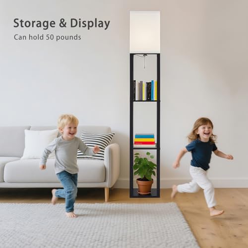 Floor Lamp with Shelves (Black(White Shade))