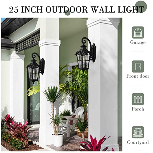 Farmhouse 25 Inch Outdoor Wall Lantern Sconce (Black - Water Glass / 24.9 Inch - No Function)