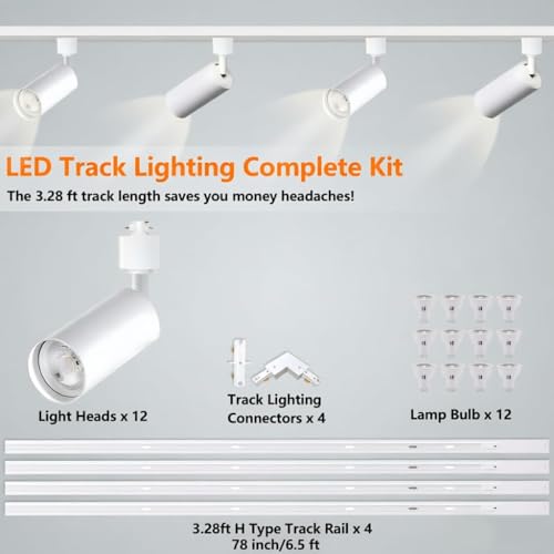 GU10 LED Track Lighting Kit H Type Plug in Dimmable White Spotlights (White 3CCT / 12 Head Big Kit)