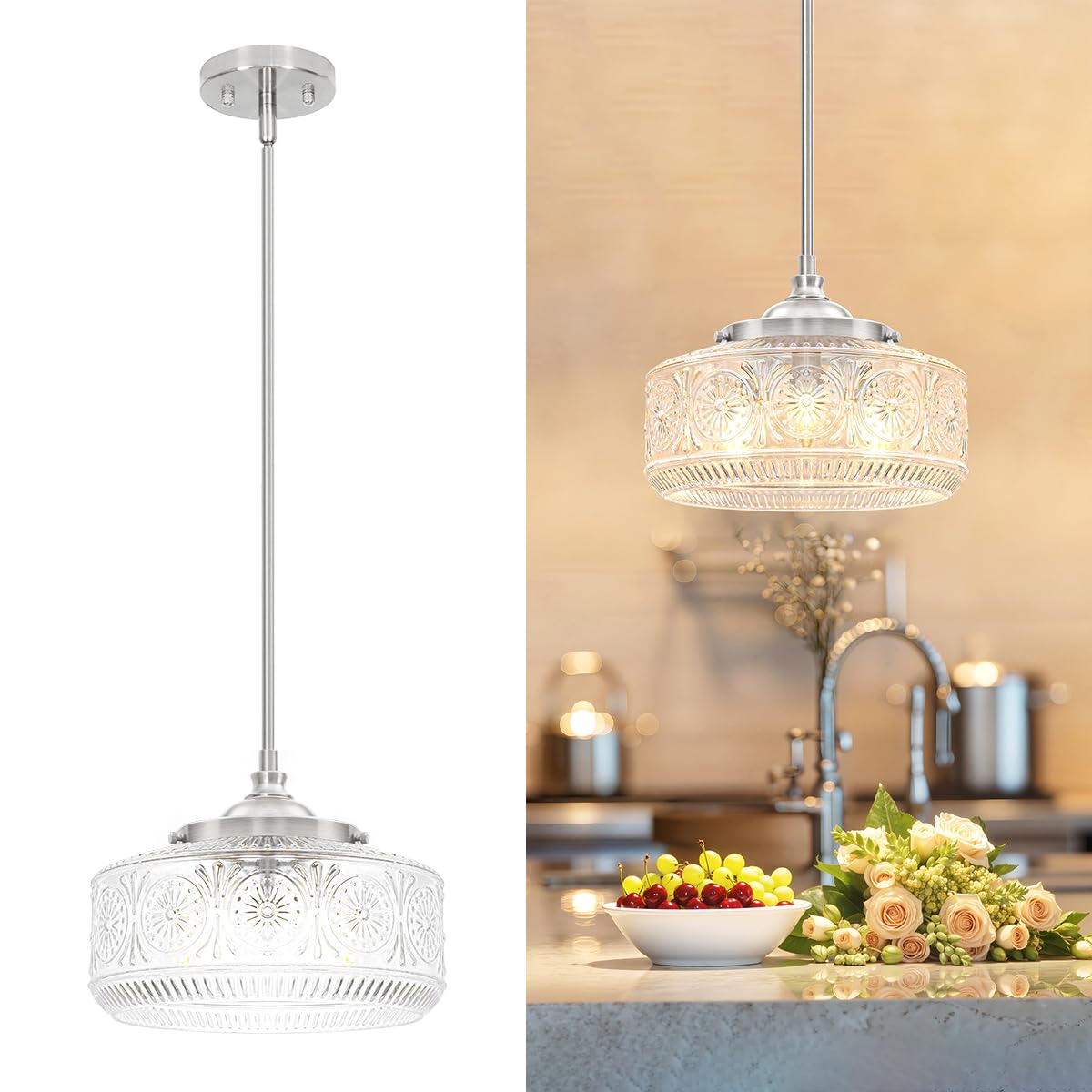 Brushed Nickel 3 Light Pendant Light for Kitchen Island with Etched Glass (Nickel+Clear Glass / 11.8in)