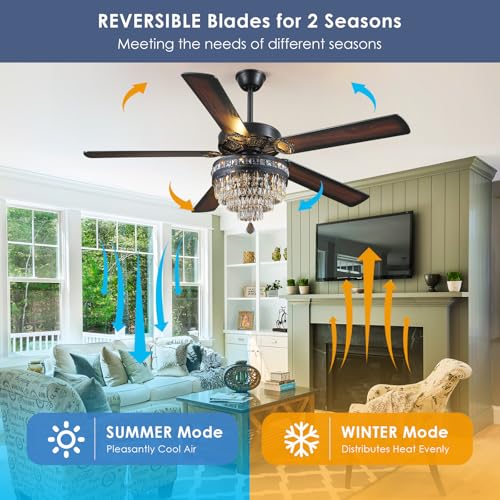 62" Black Crystal Chandelier Ceiling Fans with Lights and Remote Control (Black-62IN)