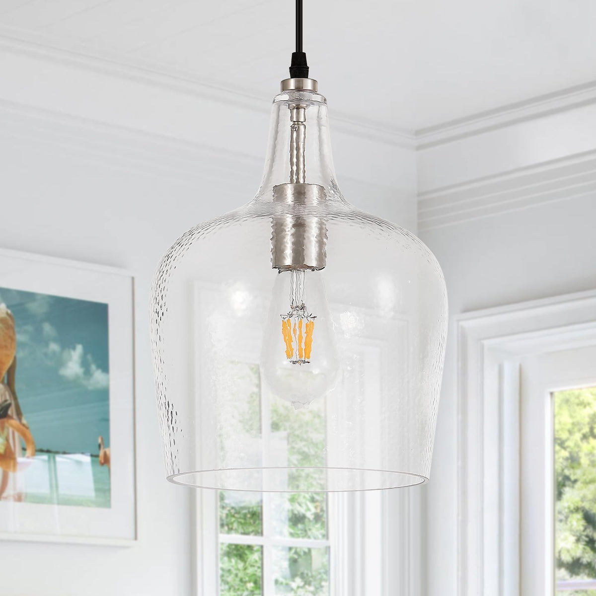 Large Hammered Glass Pendant Light Modern Brushed Nicklel 1 Light Single Dome Pendant Lighting Fixtures for Kitchen Island Dining Room Hallway (Brushed Nickel-Hammered)