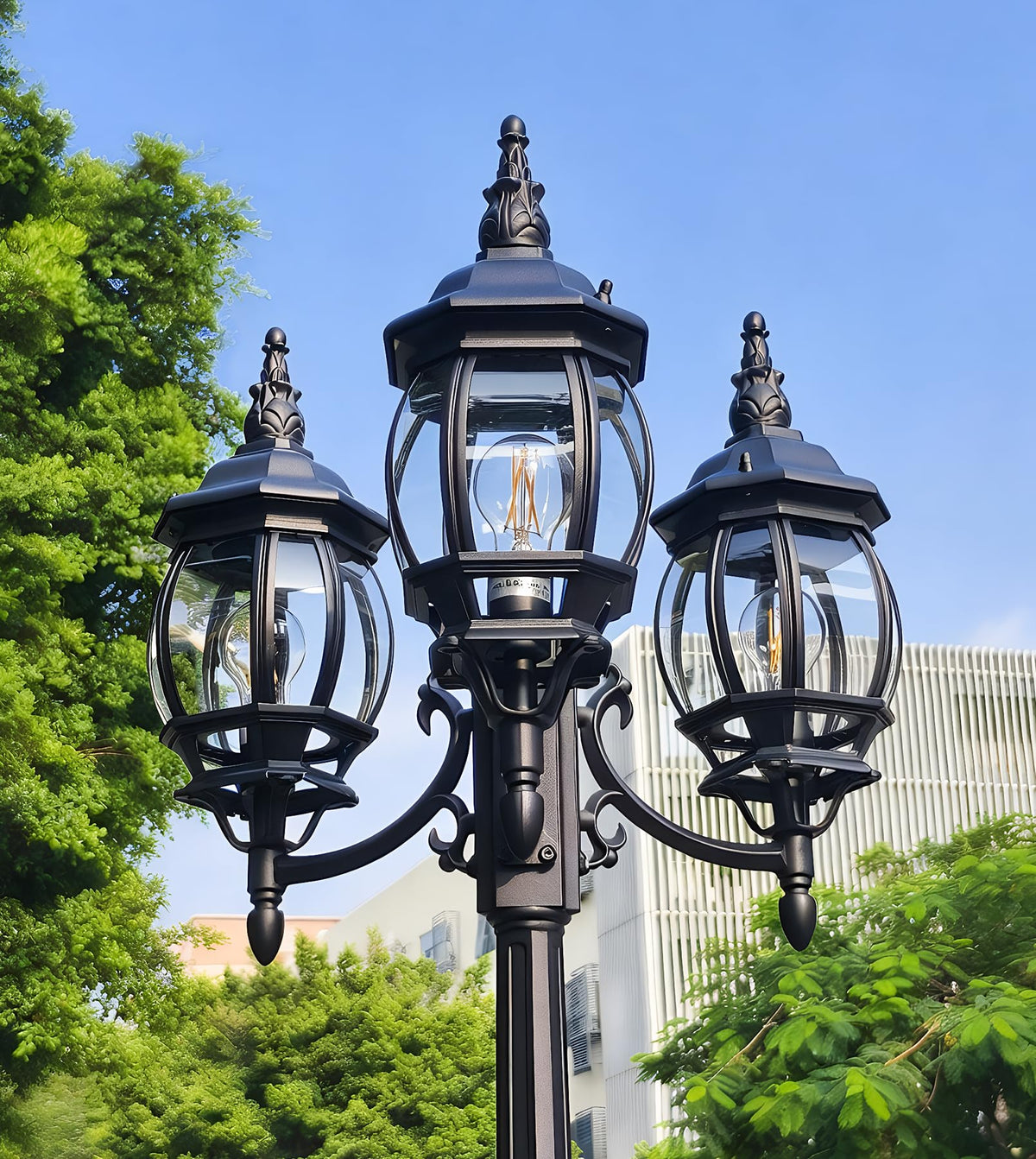 97" 3 Head Motion Sensor Outdoor Post Lights with GFCI Outlet (Black-with outlet / 97.7IN)