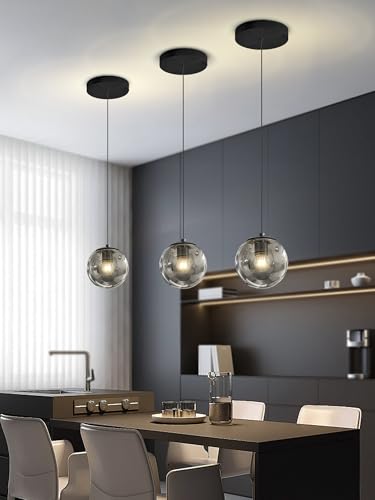 1 Light Black Pendant Light Fixtures Modern Smoke Gray Glass Globe Pendant Lights Kitchen Island Adjustable Hanging Lights Globe Stairwell Lighting Black Chandelier for Dining Room (Smoke Grey / Globe 1-Light)
