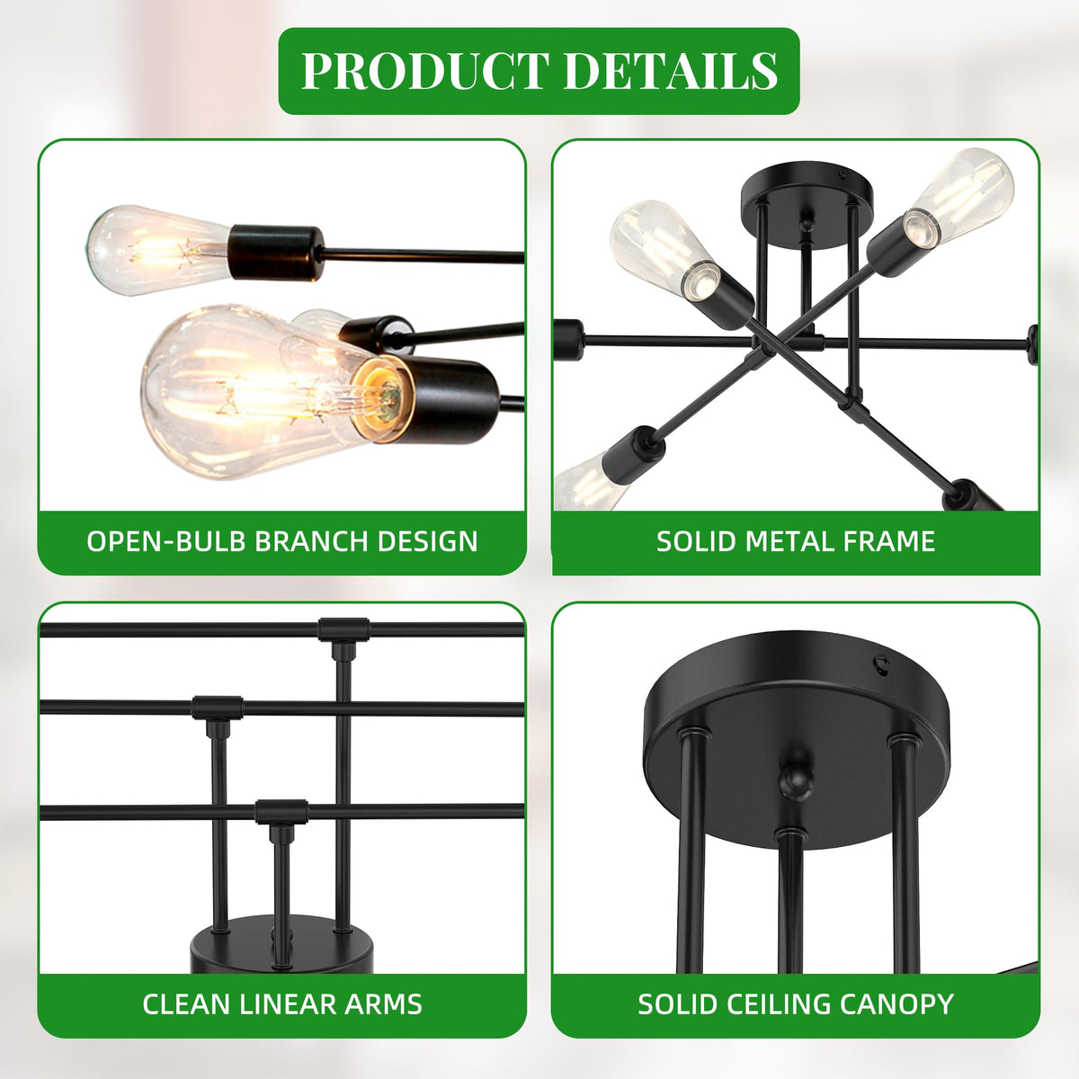 22" Modern Sputnik Chandelier (Matte Black / 6-Light)