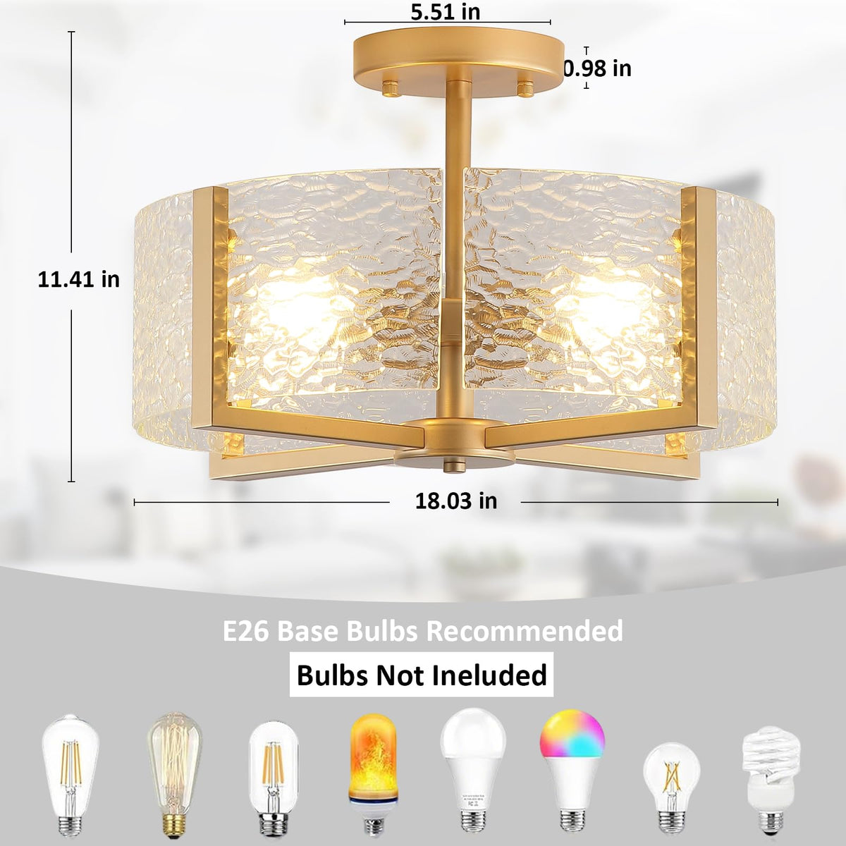 18 inch Large Gold Semi Flush Mount Drum Ceiling Light Fixture (Gold-4 Light)
