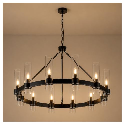 38 Inch Large Black Wagon Wheel Chandelier 12 Lights with Glass Shade (Black / 38 Inch)