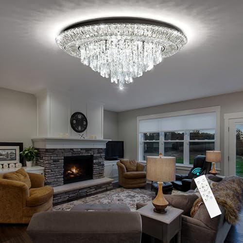 Modern Black Crystal Chandelier LED Ceiling Light Fixture Raindrop Chandeliers Dimmable Lighting for Living Room Dining Room Entryway Bedroom (Black / W32")
