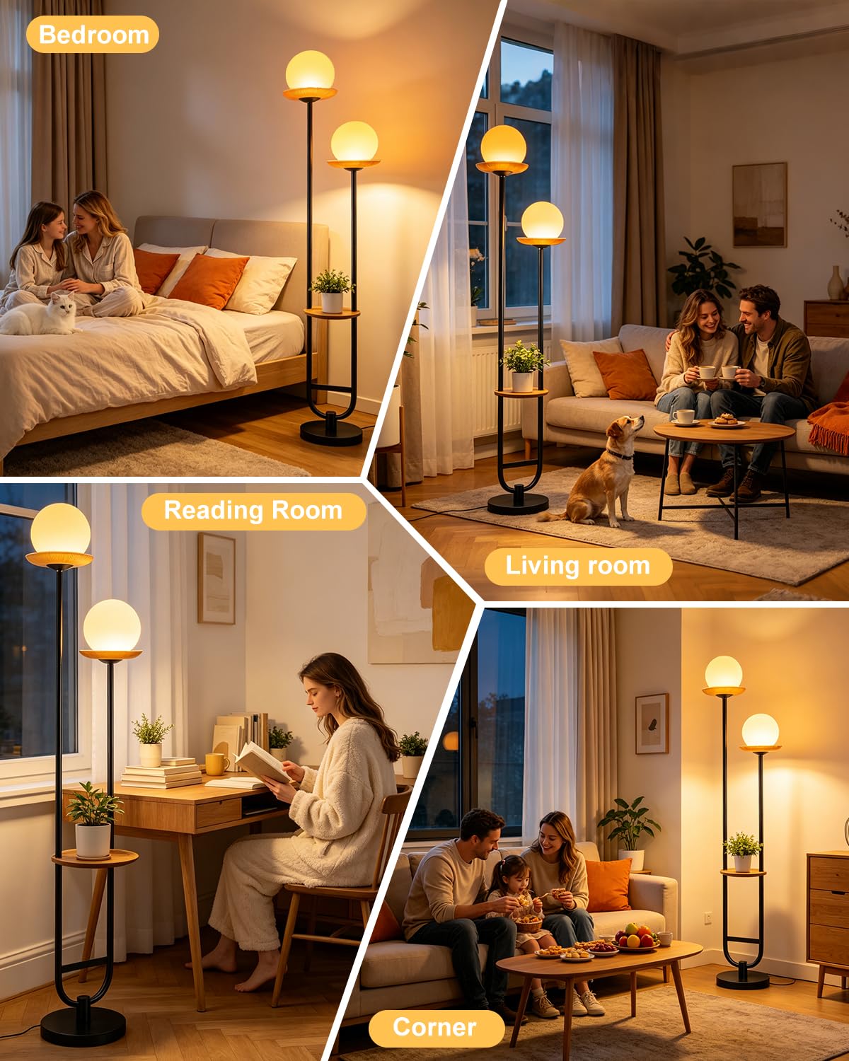 2 Globe Floor Lamp with Amber Glass Tray Black Dimmable Tall Lamp (Brown-2U Black)