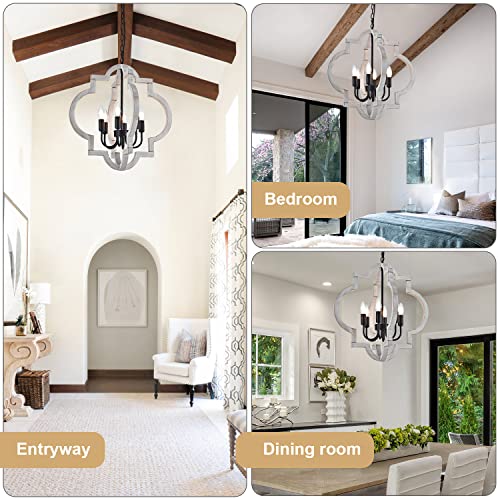 6 Light 21" Farmhouse Orb Chandelier Rustic Handmade Distressed White Wood Hanging Ceiling Pendant Light Fixture Wood Lantern Chandeliers for Dining Room Kitchen Bedroom Foyer Hallway (Textured-White / D21" x H21" 6-Light)