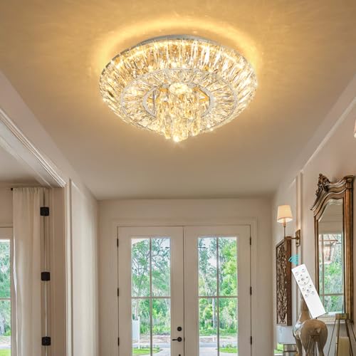Crystal Chandelier 25W Modern Round Ceiling Light Fixture LED Raindrop Chandeliers Dimmable with Remote for Dining Room Living Room Entryway Hallway Bedroom Silver (Silver / W16")
