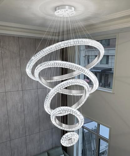 5 Ring Large Crystal Chandelier Modern LED Dimmable High Ceiling Chandelier Ring Contemporary Pendant Light Fixture for Living Room Foyer Staircase Gold D40'' (Silver / 5 Ring Round 40")