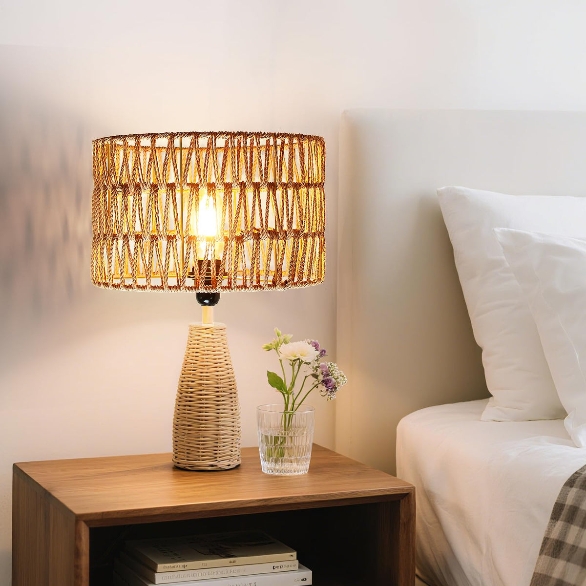 Hanging Light Boho Lamp Shades Small Lamp Shades for Table Lamps Vintage Rattan Lampshade for Hanging Lamp Wall Sconce Floor Lamp Woven LampShades for Living Room Decor Pendant Light (12.6 Inch-Cylindrical Shade)
