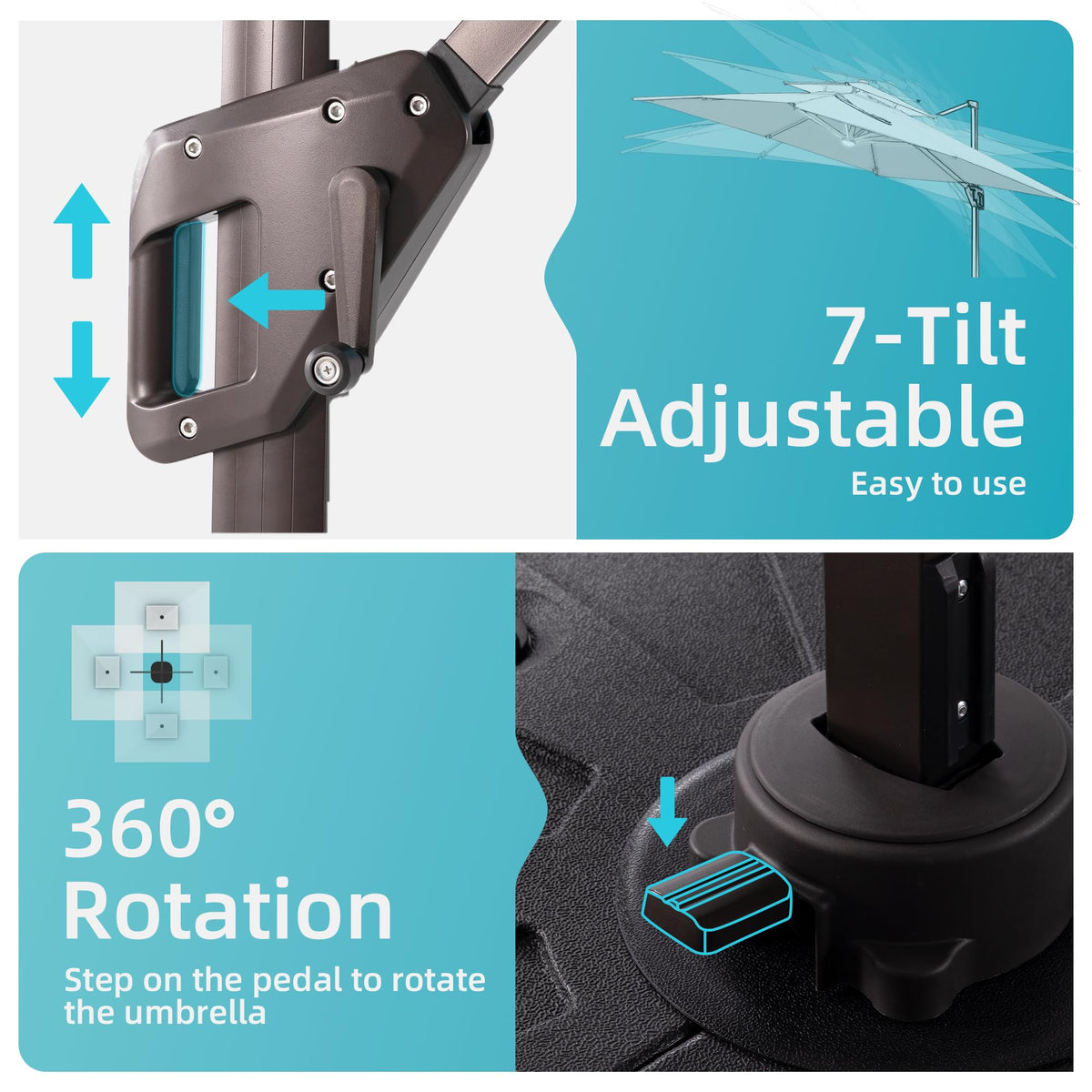 9x12 FT Patio Cantilever Outdoor Umbrella with Base and LED Lights (Turquoise)