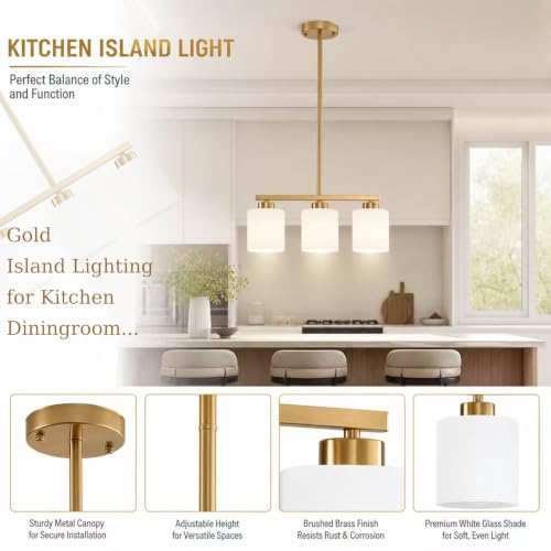 3 Light Brushed Gold Kitchen Island Lighting (Gold & Milky White Glass / 3 Light)