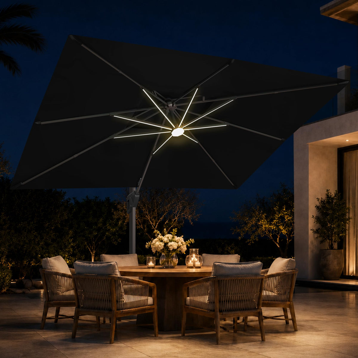 10x13 FT Cantilever Offset Patio Umbrella with Lights & Base (Black)
