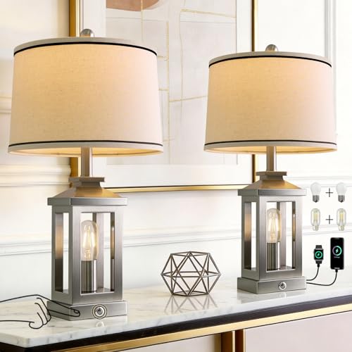 Modern Table Lamps Set of 2 for Living Room 23.75" Bedroom Nightstand Lamps (Silver)