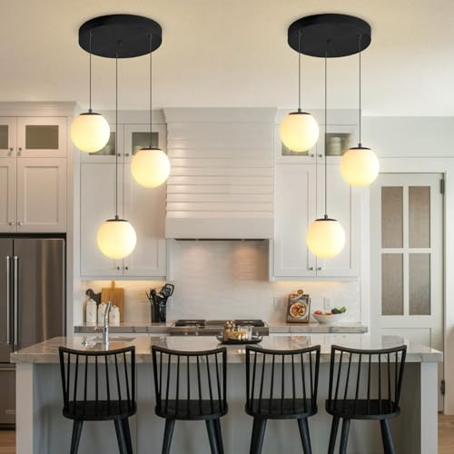 3 Light Globe Pendant Light Modern White Globe Glass Chandelier Black Hanging Fixture for Kitchen Island Foyer Hallway Dining Room (Black-White / Globe 3-Light)