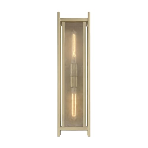 5-3805-344 Jacobs Mid-Century Modern Clear Mica Glass Rectangular Outdoor Wall Lantern, 2-Light 120 Total Watts, 22" H x 6" W, Serene Brass (22" Height / Serene Brass)