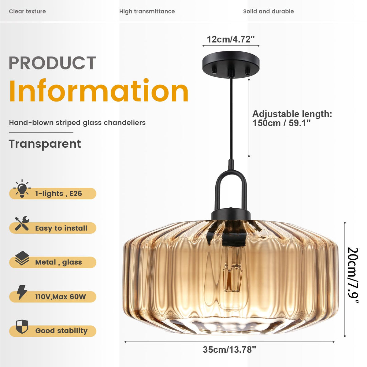 13.78″ Large Glass Pendant Light Mid Century Amber Lighting fixture (13.7″-Amber)