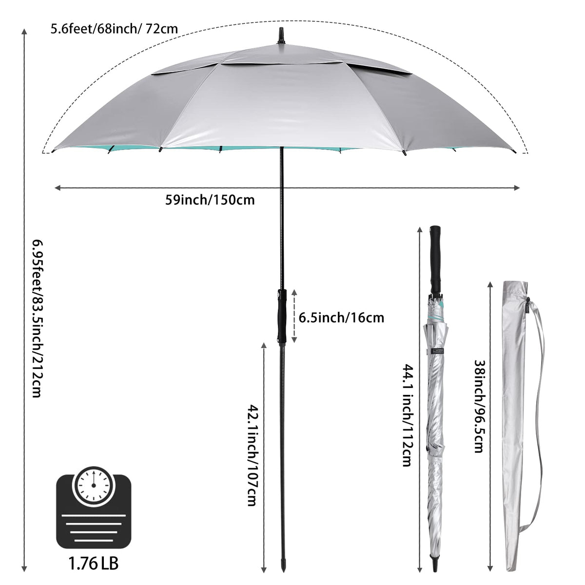 UV Golf Beach Umbrella 68”Auto Open Extra Large Sun Shade Umbrellas (Silver/Lake Blue)