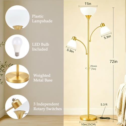 3 Head Torchiere Floor Lamps with 2 Reading Lamp for Living Room (Gold)