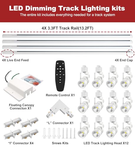 12 Light Track Lighting Kit with 13.2FT H Type Track Lighting Rail and Floating Canopy Connector (White / 12 Lights)