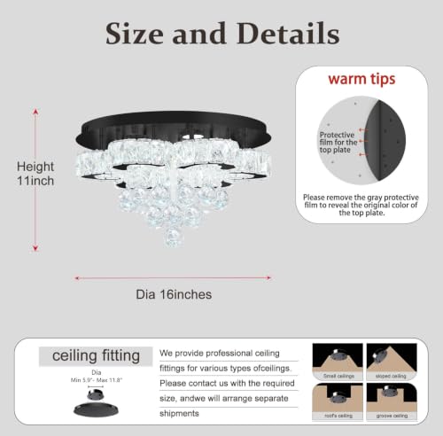 16" Small Crystal Chandelier LED Ceiling Light Fixtures Stainless Steel Flush Mount Ceiling Chandeliers Light for Bedroom (Black / 16inch)