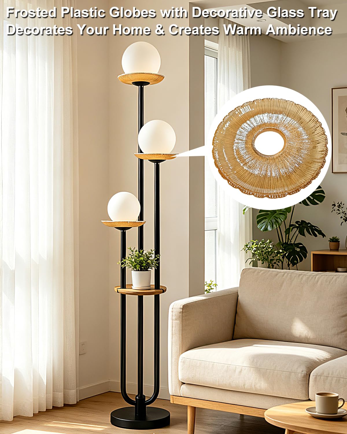 3 Globe Floor Lamp with Amber Glass Tray Black Dimmable Tall Lamp (Brown-3U Black)