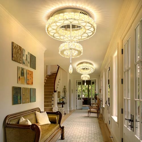 Dia 12" Crystal Mini Chandelier Crystal Gold Ceiling Light Fixtures LED Flush Mount Ceiling Light for Living Room Bedrooms Dining Room Dimmable 2700k 4500k 6000k (Gold / W:12inches)
