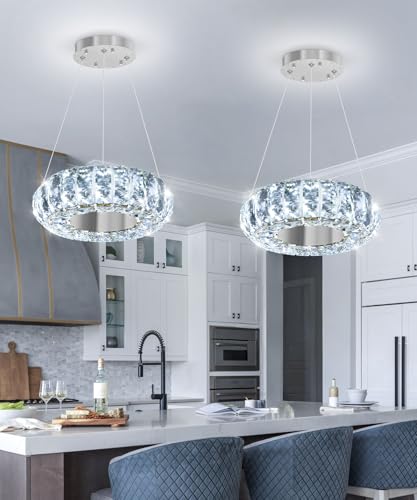 8" Ring Modern LED Dimmable Crystal Chandelier Adjustable Height Pendant Light Round Crystal Chandelier Light Fixtures for Dining Room Living Room Kitchen Island Silver (Silver / 1 Ring Round 8")