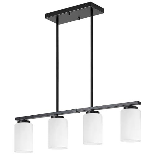 30'' Island Lights for Kitchen Black Chandelier Dining Room Light Fixtures (4-Light White Glass)