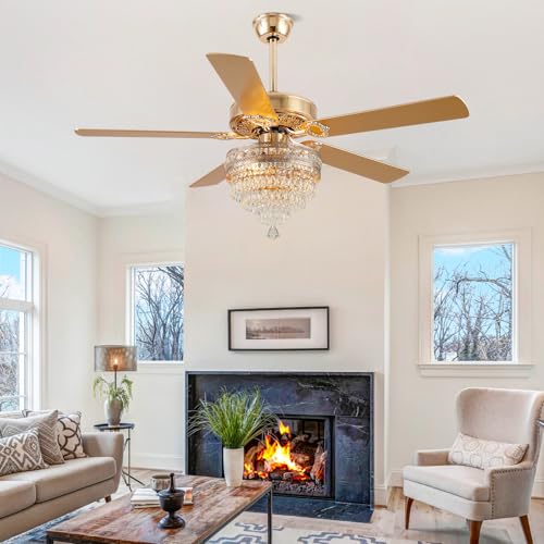 52"Golden Crystal Chandelier Ceiling Fans with Lights and Remote Control (Gold-52IN)