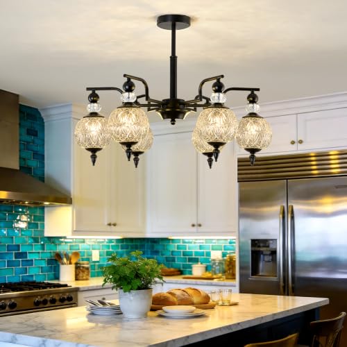 Modern Black Sputnik Chandelier 6 Lights Crystal Adjustable Hanging Ceiling Light Fixture Large Pendant Lighting with Glass Globe Shade for Dinning Room Living Room Bedroom Kitchen (Black / 6 light)