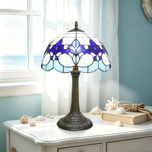 Tiffany Lamp Stained Glass Lamp Blue And White Iris Bedside Table Lamp Village Retro Rustic Style Nightstand Living Room Bedroom Office Kitchen Home Decor Accent Mid Century Reading Desk Light 12 Inch (Iris Flower Lamp)