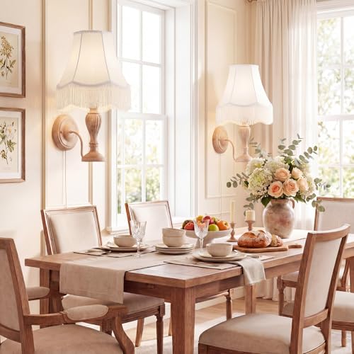 2 Pcs 6 x 13 x 10 Inch Scalloped Lamp Shades with Fringe Trim White Vintage Victorian Bell Lampshades Replacement Fabric Natural Tapered Lampshades Nordic Decor for Wall Sconce Pendant Light (White / 6 x 13 x 10 Inch)