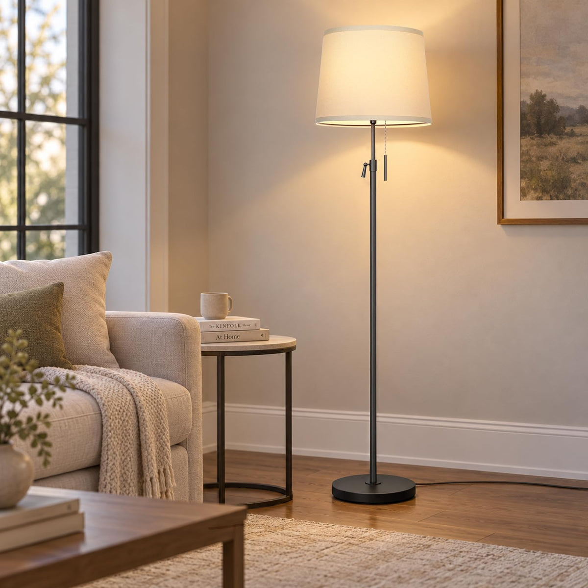 52" 63" Black Adjustable Floor Lamp (Black+Beige Linen Shade)