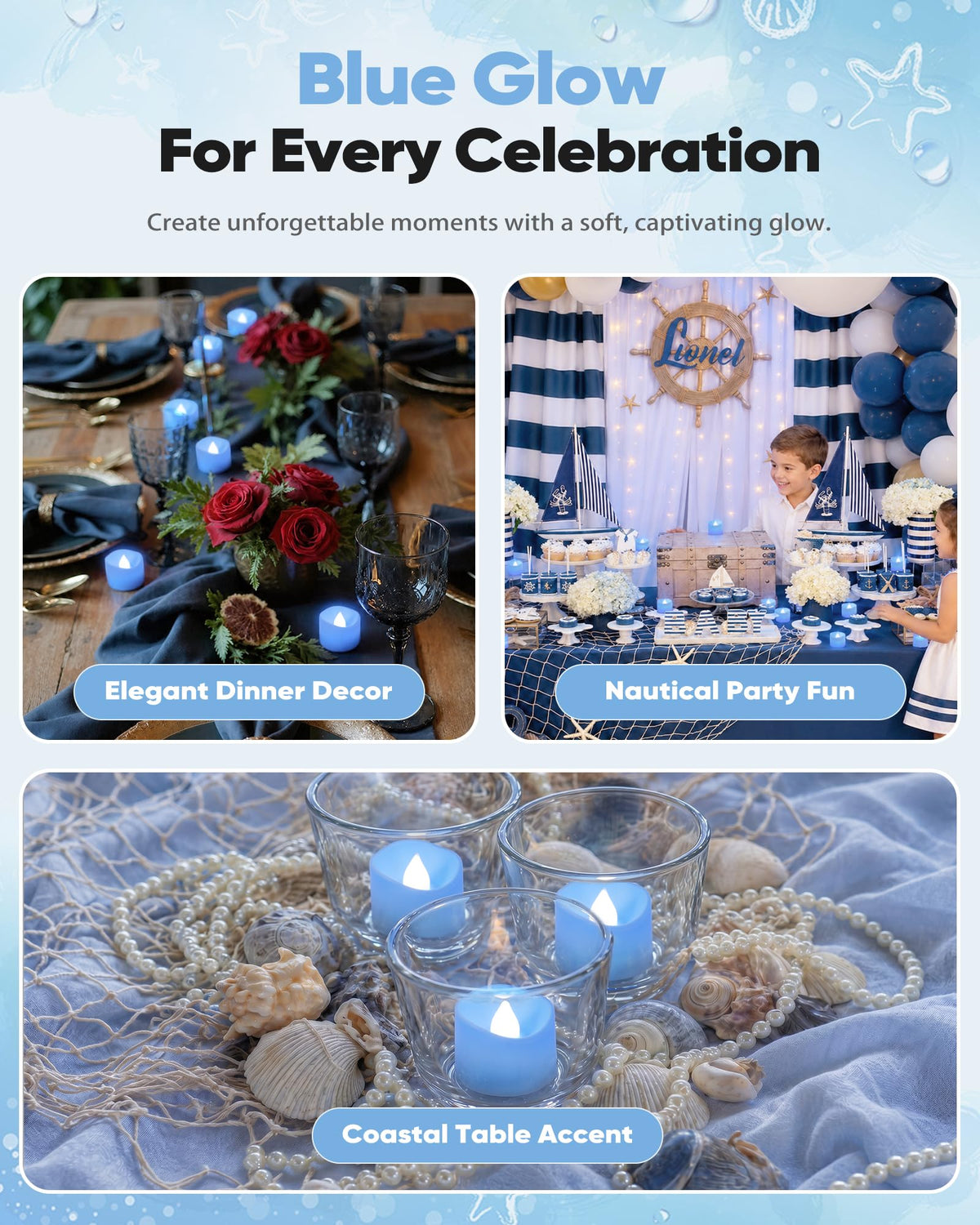 Light Blue Flameless Battery Tea Light Candles - 50 Pack