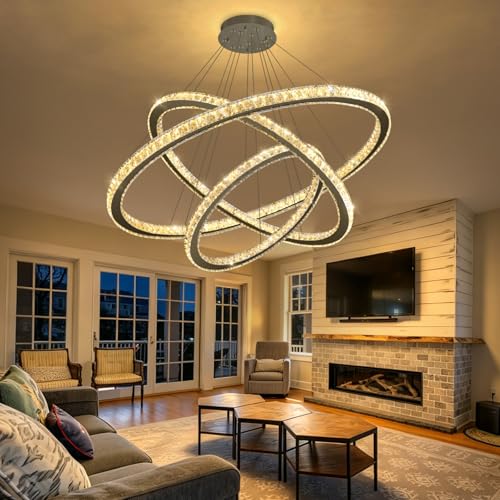 Modern Crystal Chandelier Dimmable LED Ceiling Light Fixture Luxury 3 Ring Stainless Steel Pendant Light for Living Room Dining Room Foyer Black (Black / 3-Ring 40")