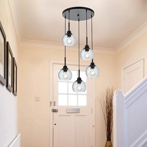 5 Light Cluster Pendant Light with Striped Swirl Globe Glass Black Pendant Lighting for Kitchen Island (Transparent / 5-Light-Round Cluster)