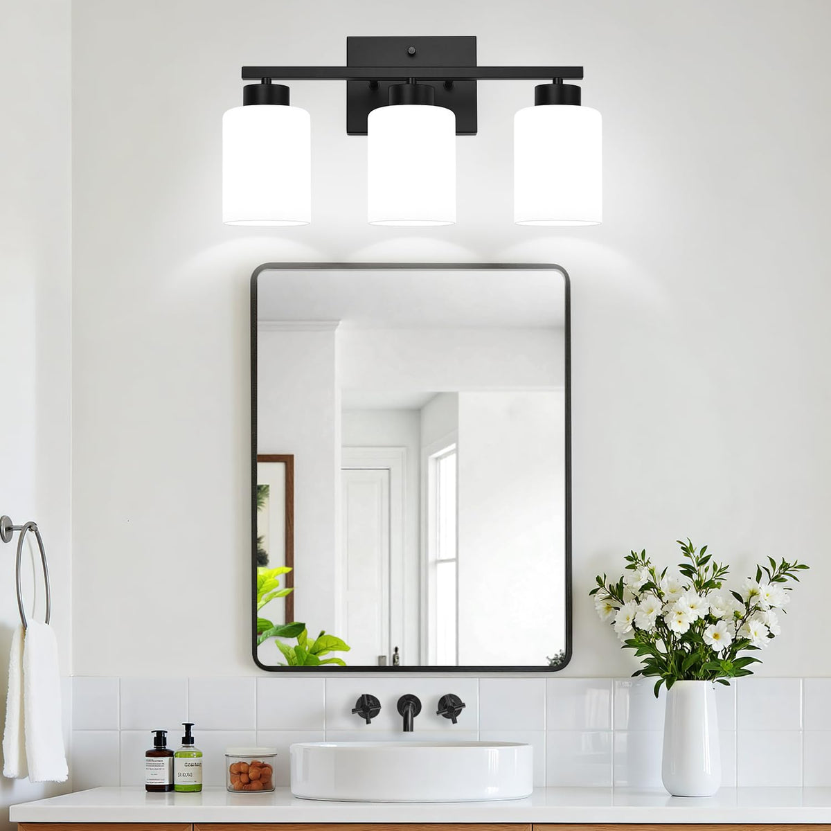 3 Light Bathroom Light Fixtures (Matte Black & Milk Glass / 3-light)