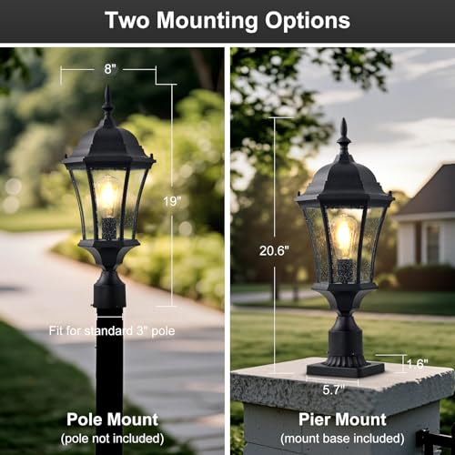 24in Large Outdoor Post Lights Aluminum Exterior Lamp Post Mount Lighting with Seeded Glass (Black)
