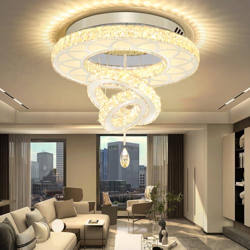 Dia 24" Crystal Chandelier Crystal Silver Ceiling Light Fixtures LED Flush Mount Ceiling Light for Living Room Bedrooms Dining Room Dimmable 2700k 4500k 6000k (Silver / W:24inches)