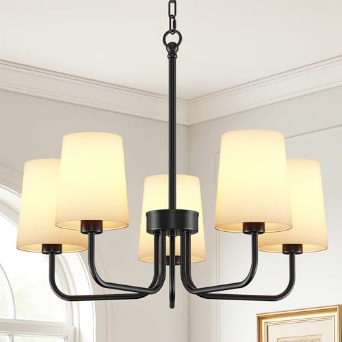 Chandelier, 5-Light Farmhouse Chandeliers for Dining Room, Height Adjustable Dining Room Light Fixture with White Fabric Shade