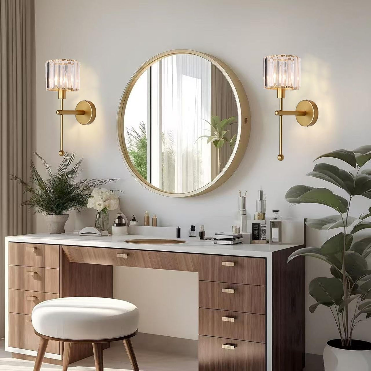 Modern Glass Crystal Wall Sconces Battery Operated Set of 2 (Gold)
