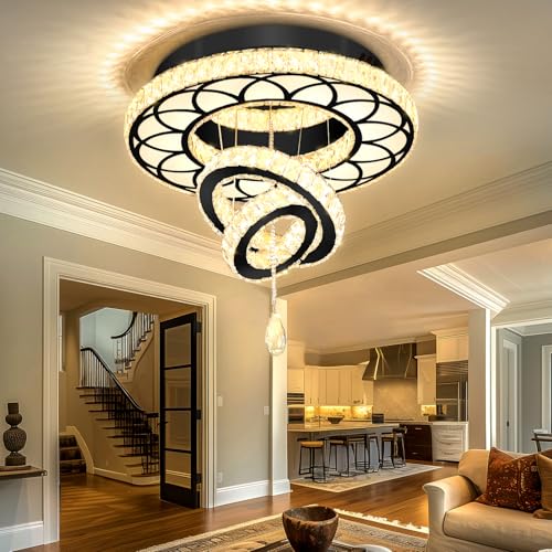 Dia 20" Modern Crystal Chandelier Flush Mount Chandeliers LED Dimmable Bedroom Chandelier Crystal Ceiling Light for Dining Room Living Room Foyer Black (Black / W:20inches)