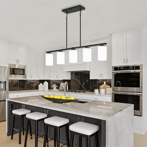 Modern Island Lights for Kitchen Black Chandelier Dining Room Light Fixture (5-Light White Glass)