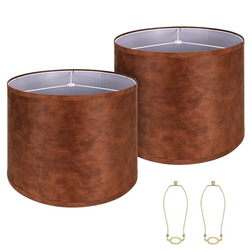 Large Lampshades Set of 2 Drum Lamp Shades 15" Top X 15" Bottom X 12" High (Imitation Brown Cowhide)