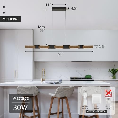 Modern LED Linear Pendant Light 52in Chandelier Lighting Dimmable (Black Wood Grain / 51.2'')